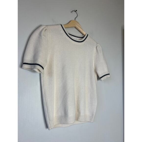 NEW FRAME Short Sleeves Gathered Striped Cashmere Sweater Cream Size: Small - Picture 3 of 7
